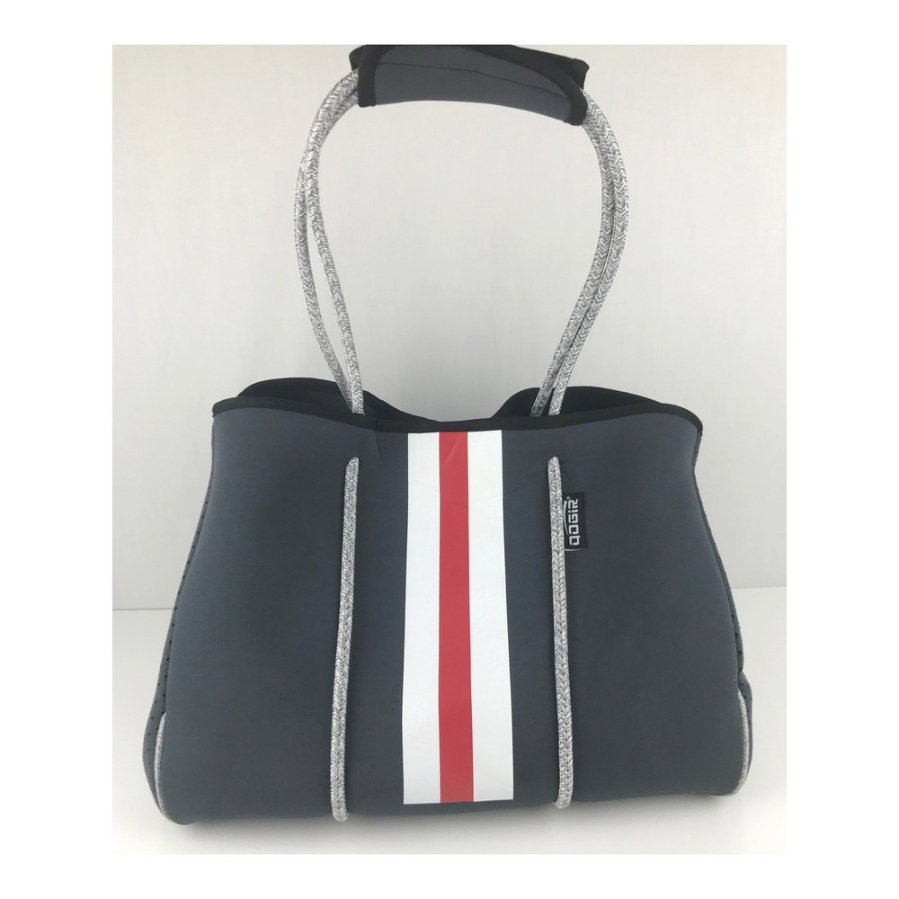 QOGIR Gray Neoprene Tote Bag Red White Stripe Beach Travel Zipper Pouch